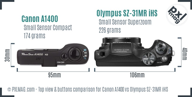 Canon A1400 vs Olympus SZ-31MR iHS top view buttons comparison