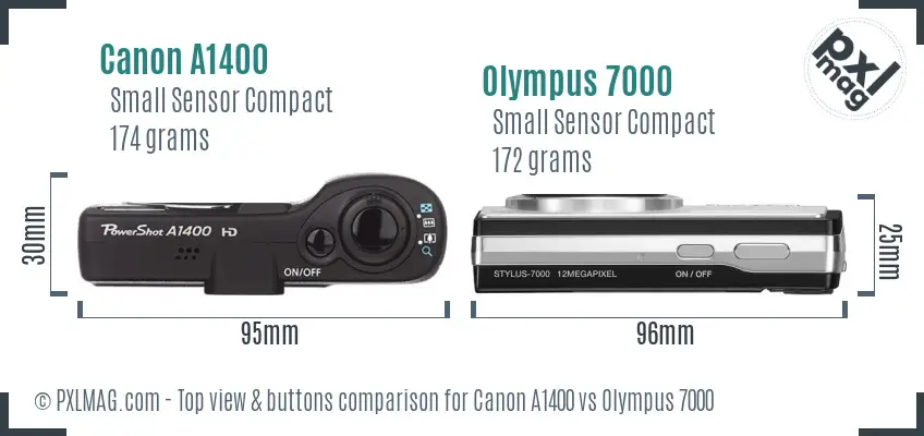 Canon A1400 vs Olympus 7000 top view buttons comparison