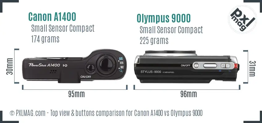 Canon A1400 vs Olympus 9000 top view buttons comparison