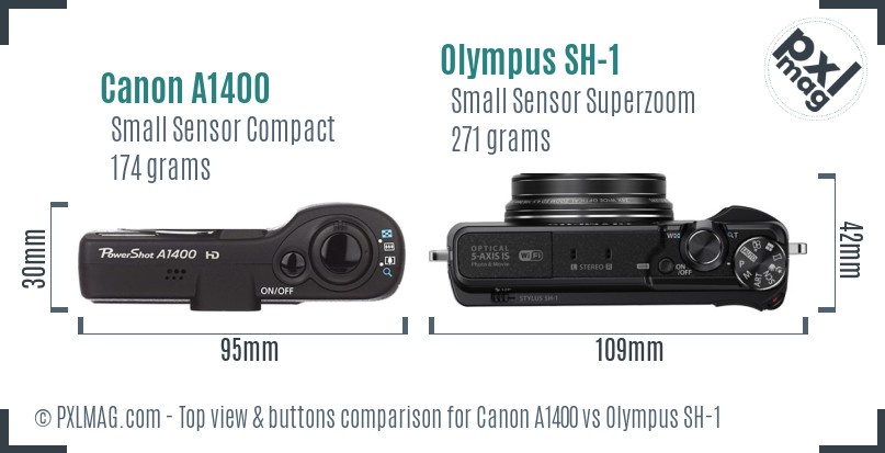 Canon A1400 vs Olympus SH-1 top view buttons comparison