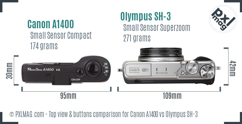 Canon A1400 vs Olympus SH-3 top view buttons comparison
