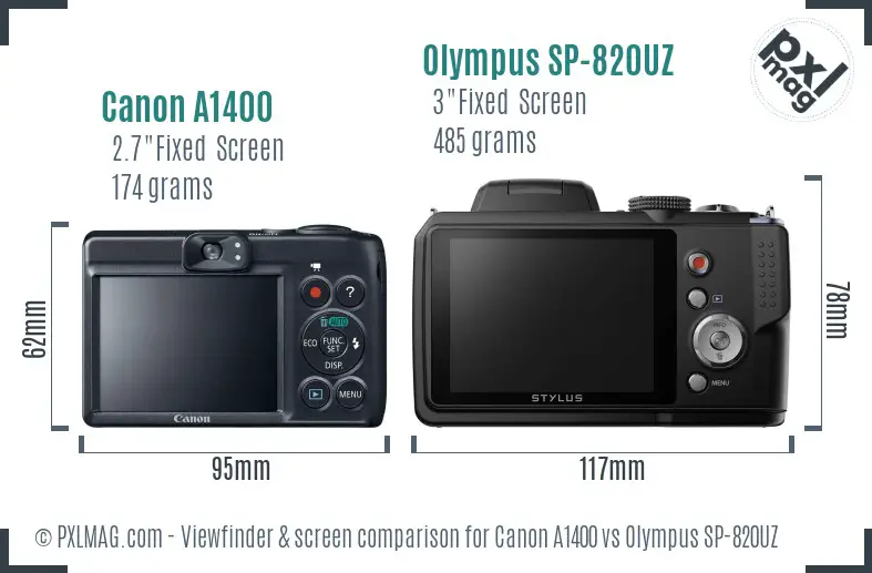 Canon A1400 vs Olympus SP-820UZ Screen and Viewfinder comparison