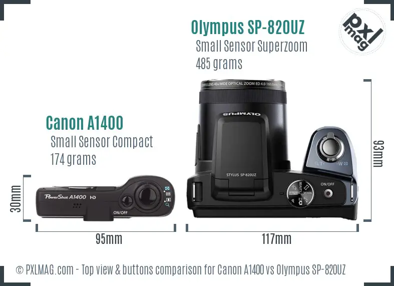 Canon A1400 vs Olympus SP-820UZ top view buttons comparison