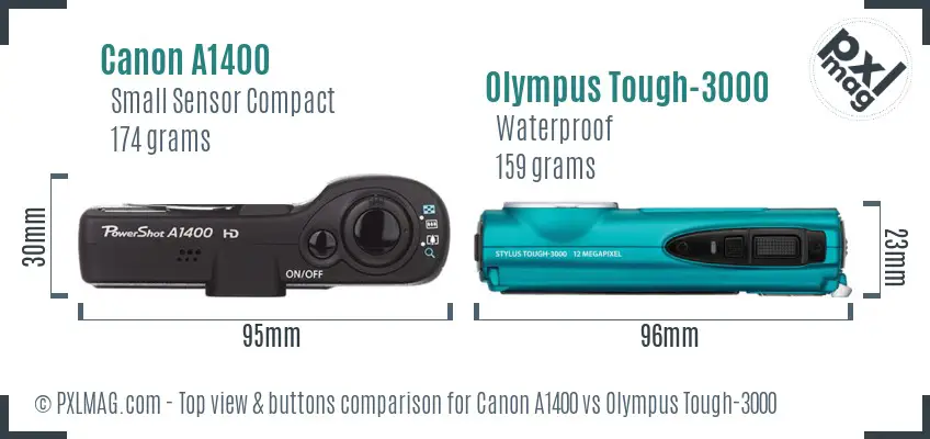 Canon A1400 vs Olympus Tough-3000 top view buttons comparison