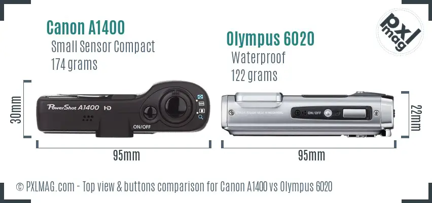 Canon A1400 vs Olympus 6020 top view buttons comparison Canon A1400 vs Olympus 6020 top view buttons comparison