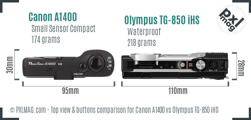 Canon A1400 vs Olympus TG-850 iHS top view buttons comparison Canon A1400 vs Olympus TG-850 iHS top view buttons comparison