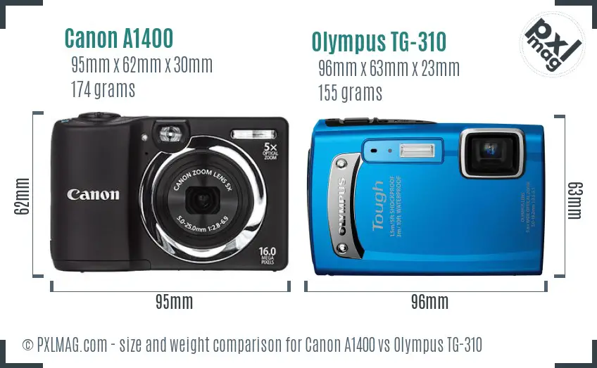 Canon A1400 vs Olympus TG-310 size comparison