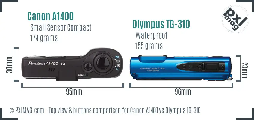 Canon A1400 vs Olympus TG-310 top view buttons comparison