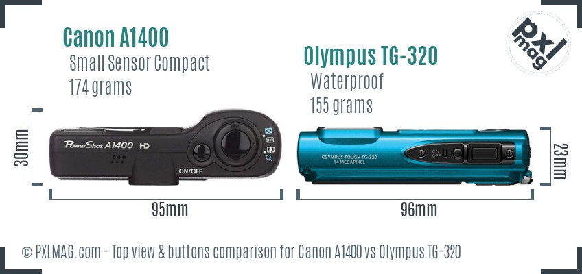 Canon A1400 vs Olympus TG-320 top view buttons comparison