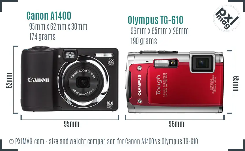 Canon A1400 vs Olympus TG-610 size comparison