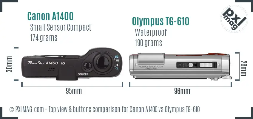 Canon A1400 vs Olympus TG-610 top view buttons comparison