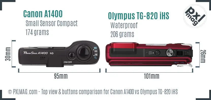 Canon A1400 vs Olympus TG-820 iHS top view buttons comparison