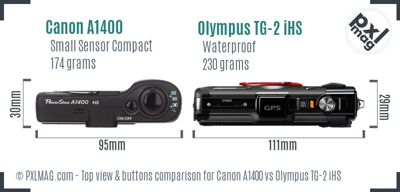 Canon A1400 vs Olympus TG-2 iHS top view buttons comparison