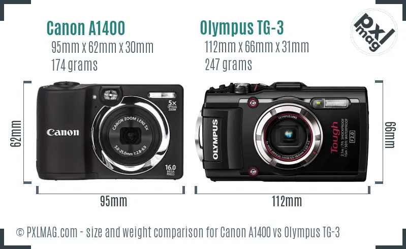 Canon A1400 vs Olympus TG-3 size comparison