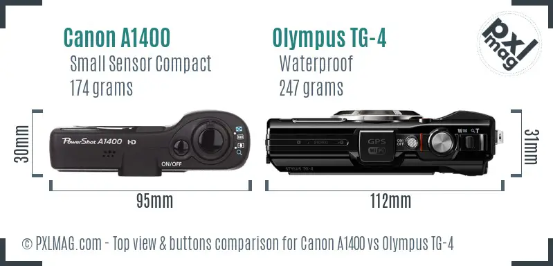 Canon A1400 vs Olympus TG-4 top view buttons comparison