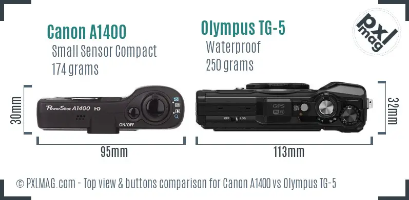 Canon A1400 vs Olympus TG-5 top view buttons comparison