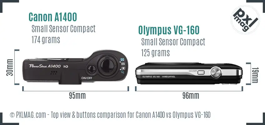 Canon A1400 vs Olympus VG-160 top view buttons comparison Canon A1400 vs Olympus VG-160 top view buttons comparison