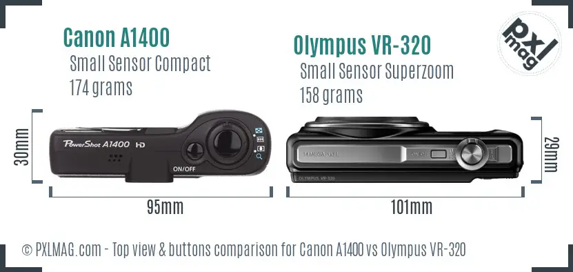 Canon A1400 vs Olympus VR-320 top view buttons comparison