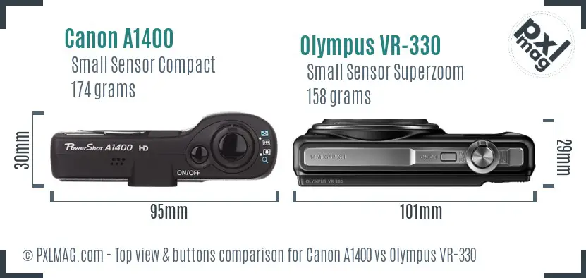 Canon A1400 vs Olympus VR-330 top view buttons comparison