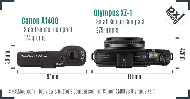Canon A1400 vs Olympus XZ-1 top view buttons comparison