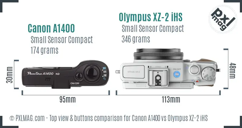 Canon A1400 vs Olympus XZ-2 iHS top view buttons comparison