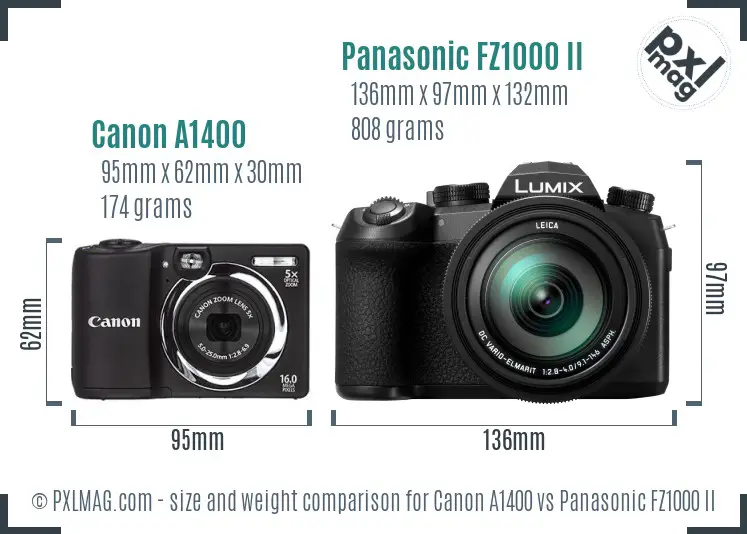 Canon A1400 vs Panasonic FZ1000 II size comparison