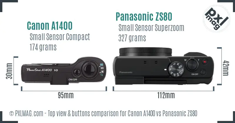 Canon A1400 vs Panasonic ZS80 top view buttons comparison