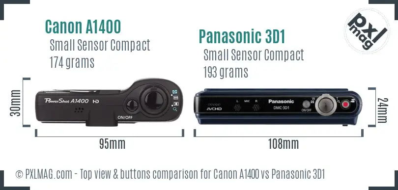 Canon A1400 vs Panasonic 3D1 top view buttons comparison