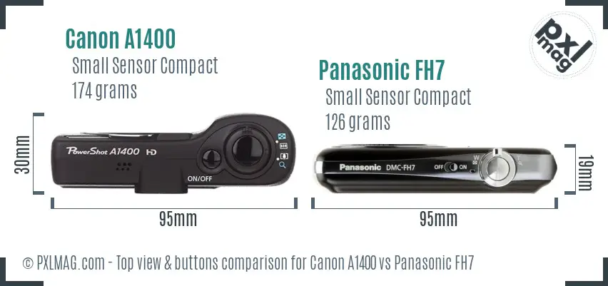 Canon A1400 vs Panasonic FH7 top view buttons comparison