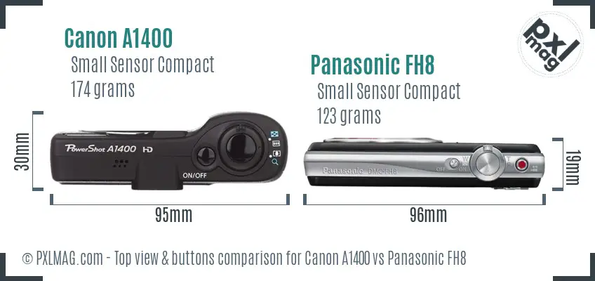 Canon A1400 vs Panasonic FH8 top view buttons comparison