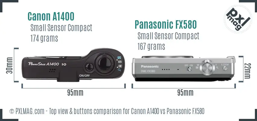 Canon A1400 vs Panasonic FX580 top view buttons comparison Canon A1400 vs Panasonic FX580 top view buttons comparison