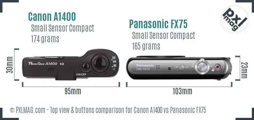 Canon A1400 vs Panasonic FX75 top view buttons comparison