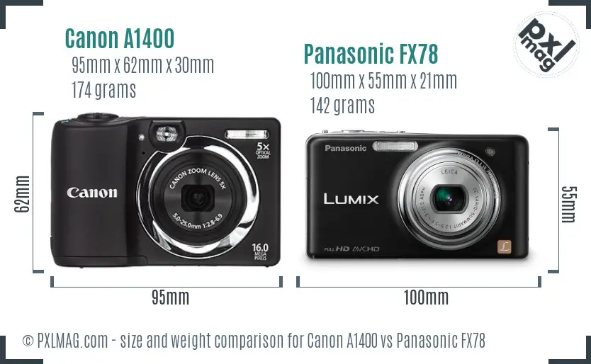 Canon A1400 vs Panasonic FX78 size comparison