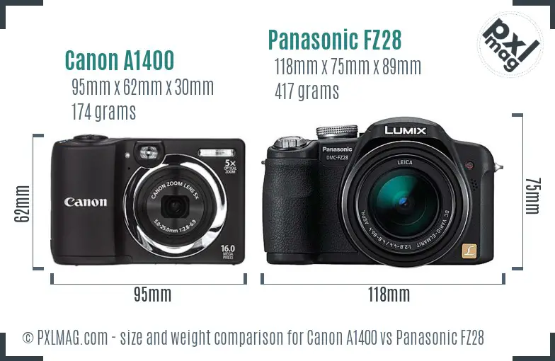 Canon A1400 vs Panasonic FZ28 size comparison Canon A1400 vs Panasonic FZ28 size comparison