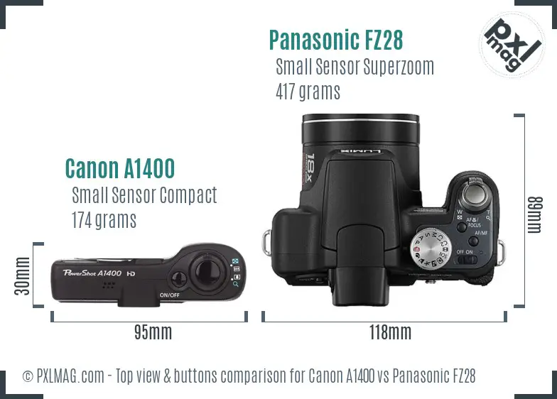 Canon A1400 vs Panasonic FZ28 top view buttons comparison