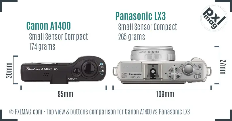 Canon A1400 vs Panasonic LX3 top view buttons comparison