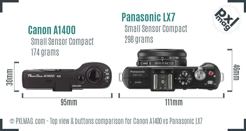 Canon A1400 vs Panasonic LX7 top view buttons comparison