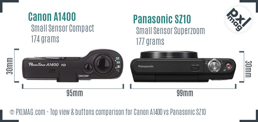 Canon A1400 vs Panasonic SZ10 top view buttons comparison