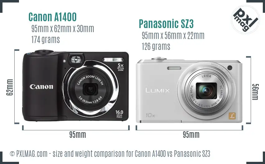 Canon A1400 vs Panasonic SZ3 size comparison