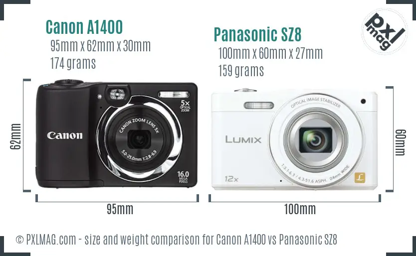 Canon A1400 vs Panasonic SZ8 size comparison