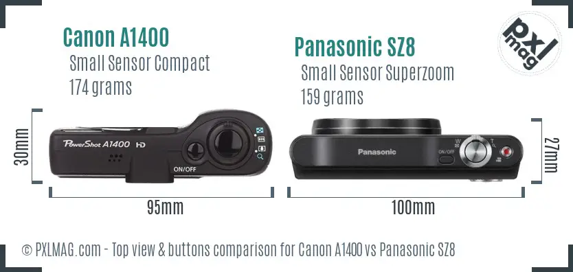 Canon A1400 vs Panasonic SZ8 top view buttons comparison