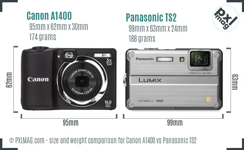 Canon A1400 vs Panasonic TS2 size comparison