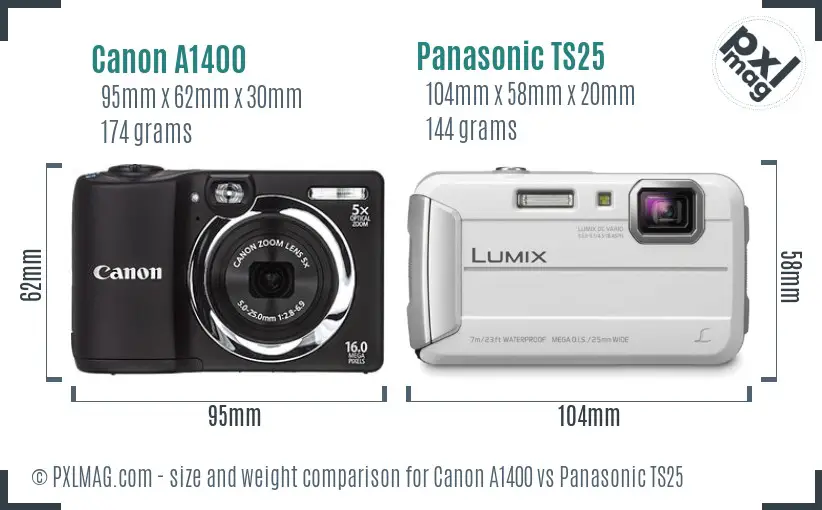 Canon A1400 vs Panasonic TS25 size comparison