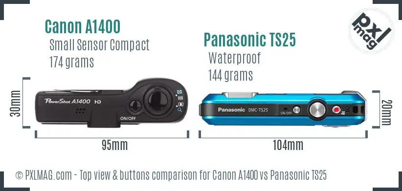 Canon A1400 vs Panasonic TS25 top view buttons comparison