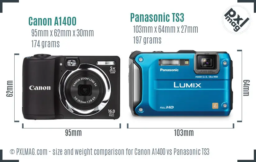Canon A1400 vs Panasonic TS3 size comparison