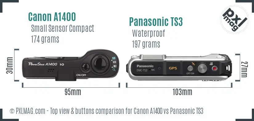 Canon A1400 vs Panasonic TS3 top view buttons comparison
