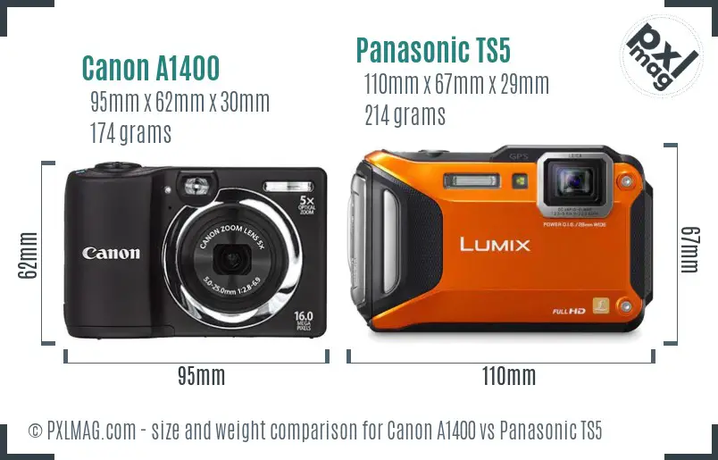 Canon A1400 vs Panasonic TS5 size comparison
