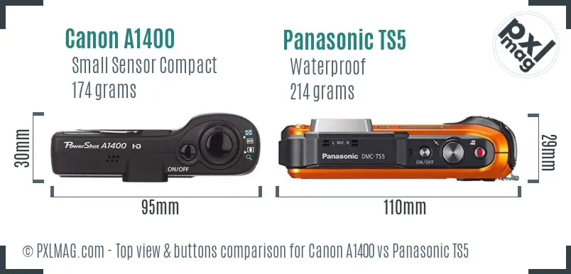 Canon A1400 vs Panasonic TS5 top view buttons comparison