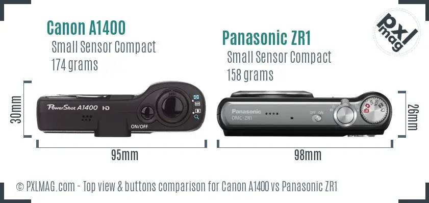 Canon A1400 vs Panasonic ZR1 top view buttons comparison Canon A1400 vs Panasonic ZR1 top view buttons comparison