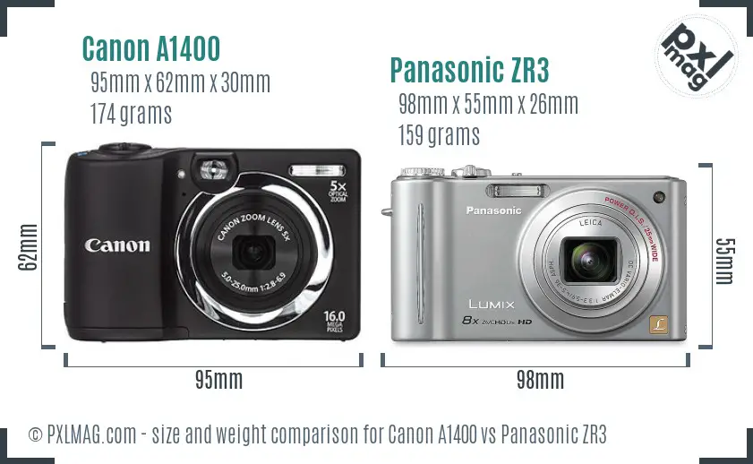 Canon A1400 vs Panasonic ZR3 size comparison